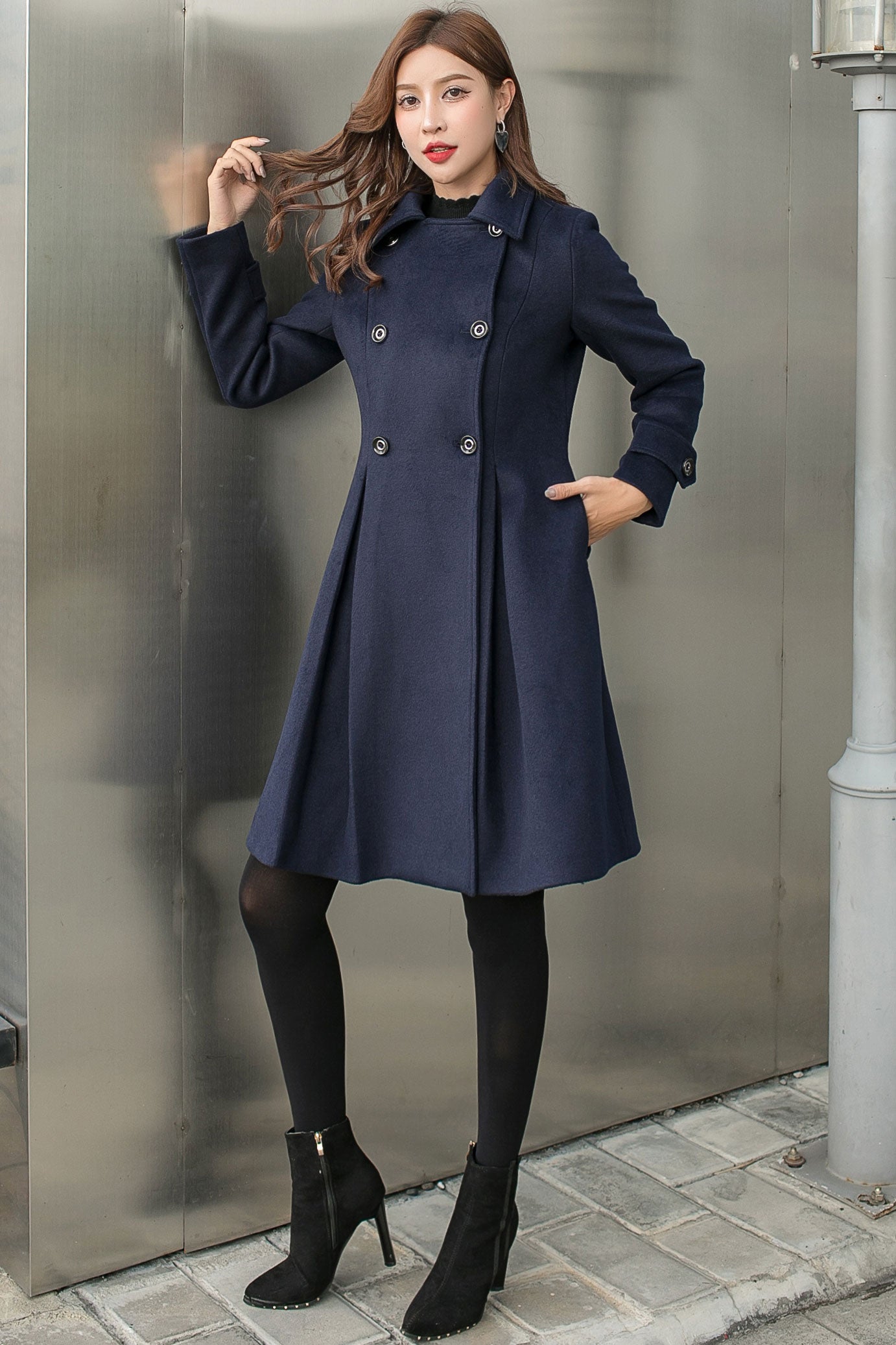 60s Inspired Fit and Flare Wool Coat Women C2581
