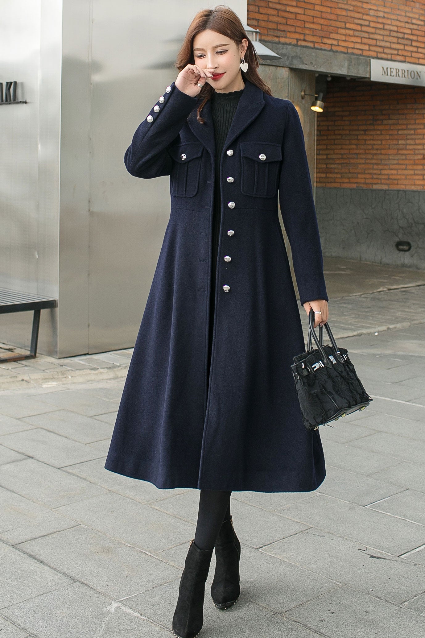 Retro Blue Long Wool Coat C2582, Size XS #CK2101397