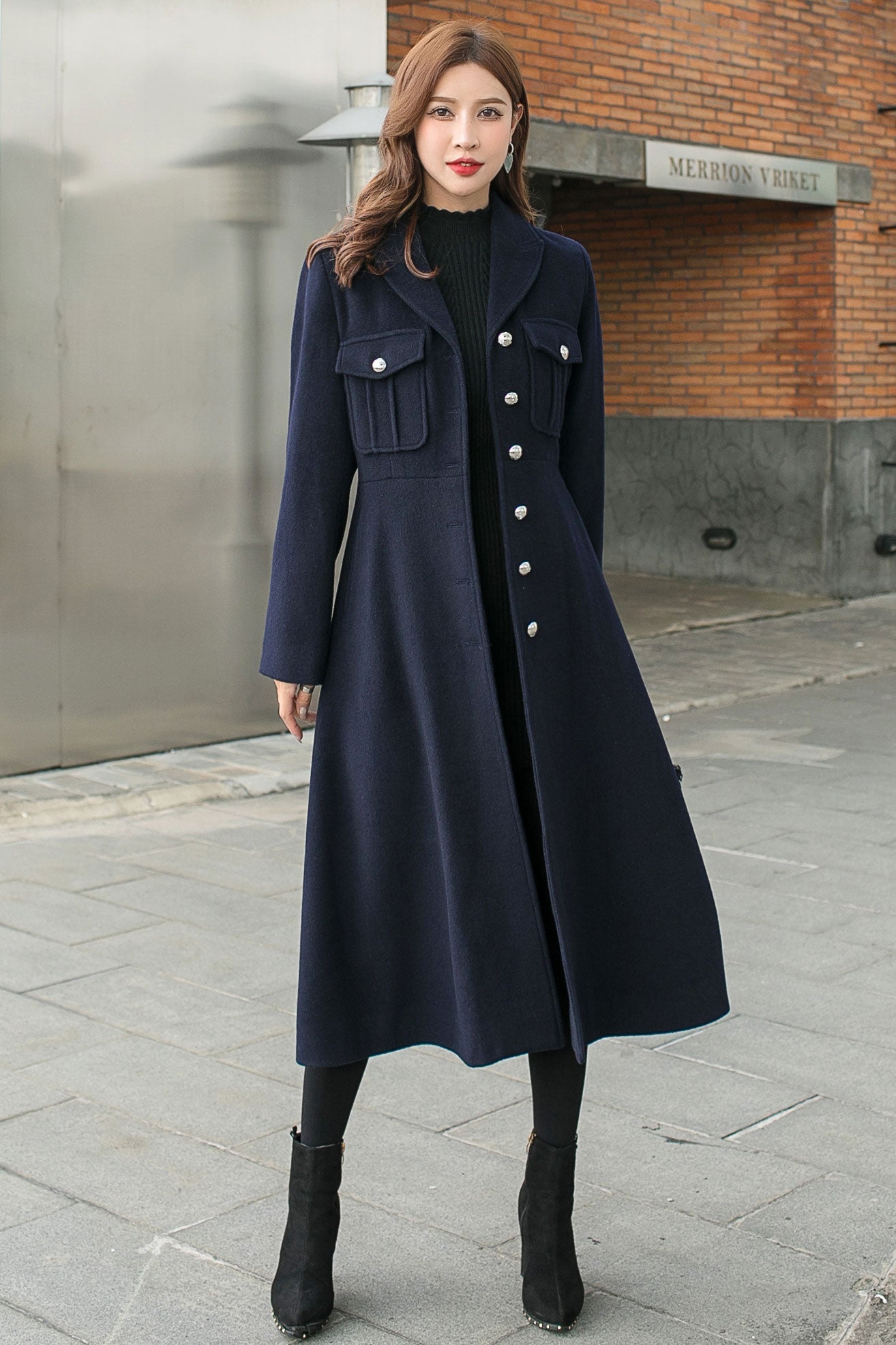 Retro Blue Long Wool Coat C2582, Size XS #CK2101397