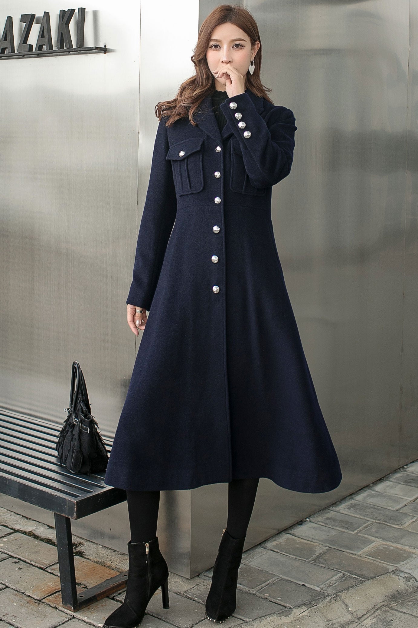 Retro Blue Long Wool Coat C2582, Size XS #CK2101397