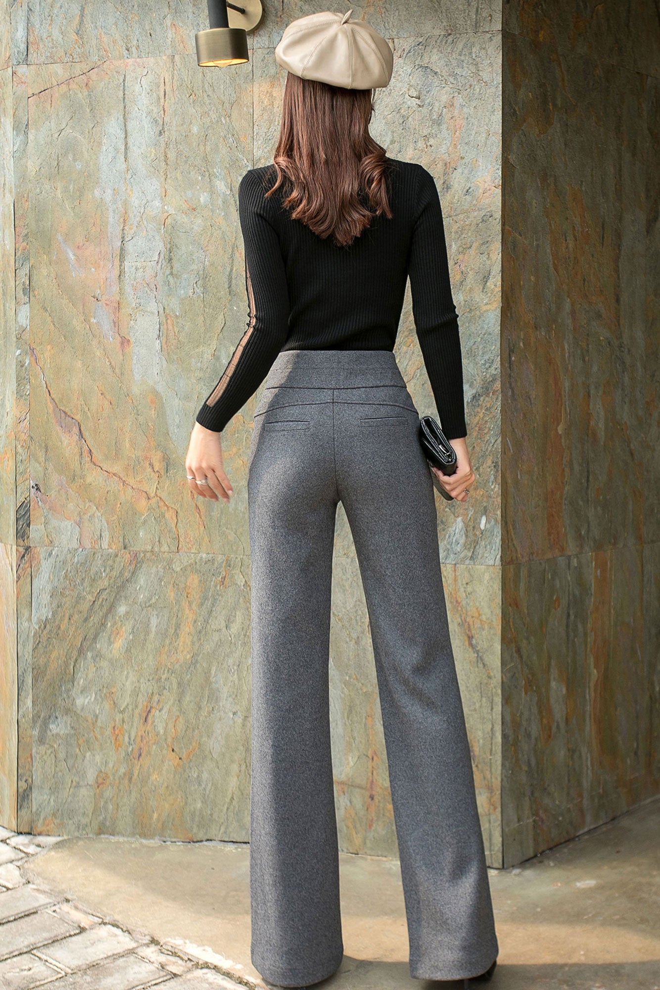 Gray wool pants, Long wool pants, High waist pants C254801
