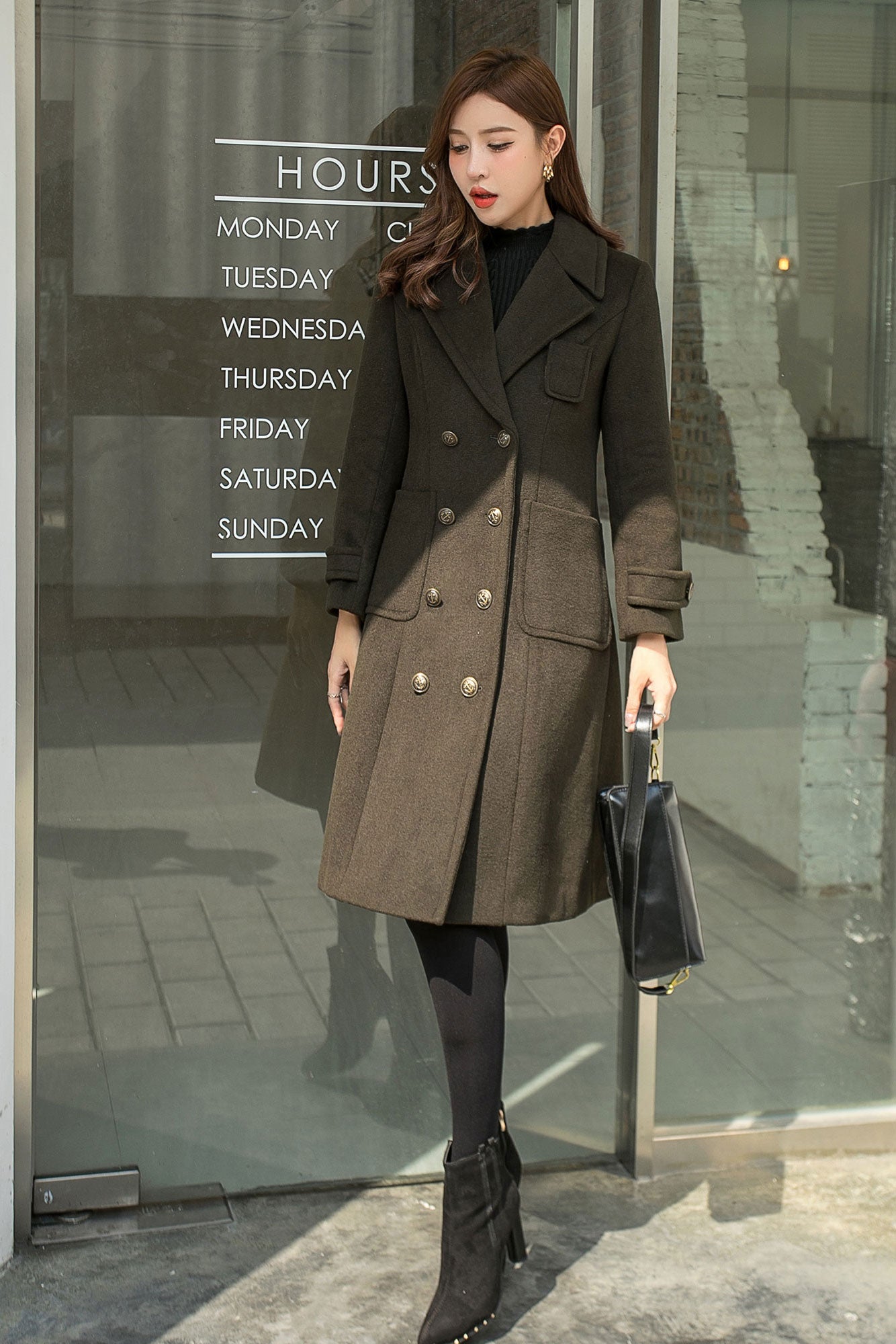 Double Breasted Wool Midi Coat, Army Green Coat Women C256501