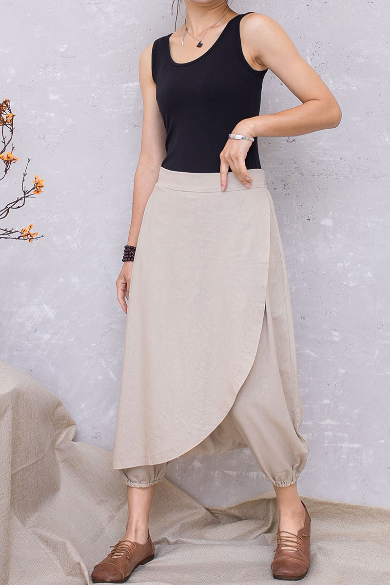 Summer Women Casual Loose Apricot Linen Pants C2798#CK2201363