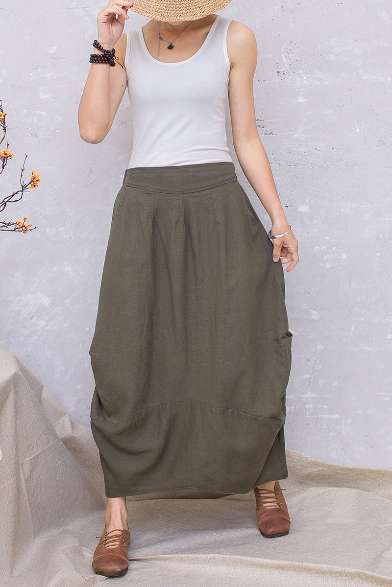 Army green Linen Maxi Summer Casual Long Skirt C2806 -#CK2201386