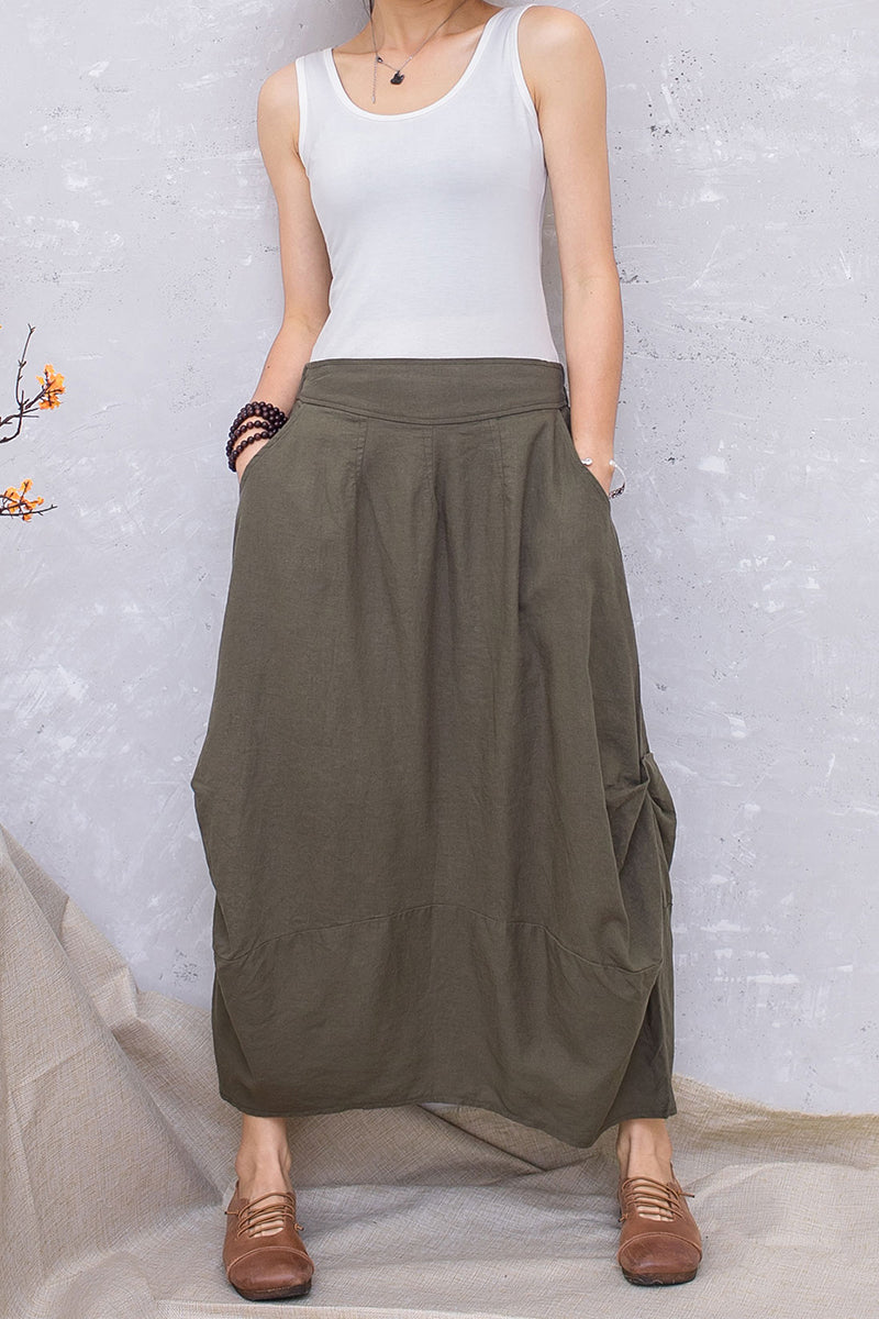 Army green Linen Maxi Summer Casual Long Skirt C2806 -#CK2201386