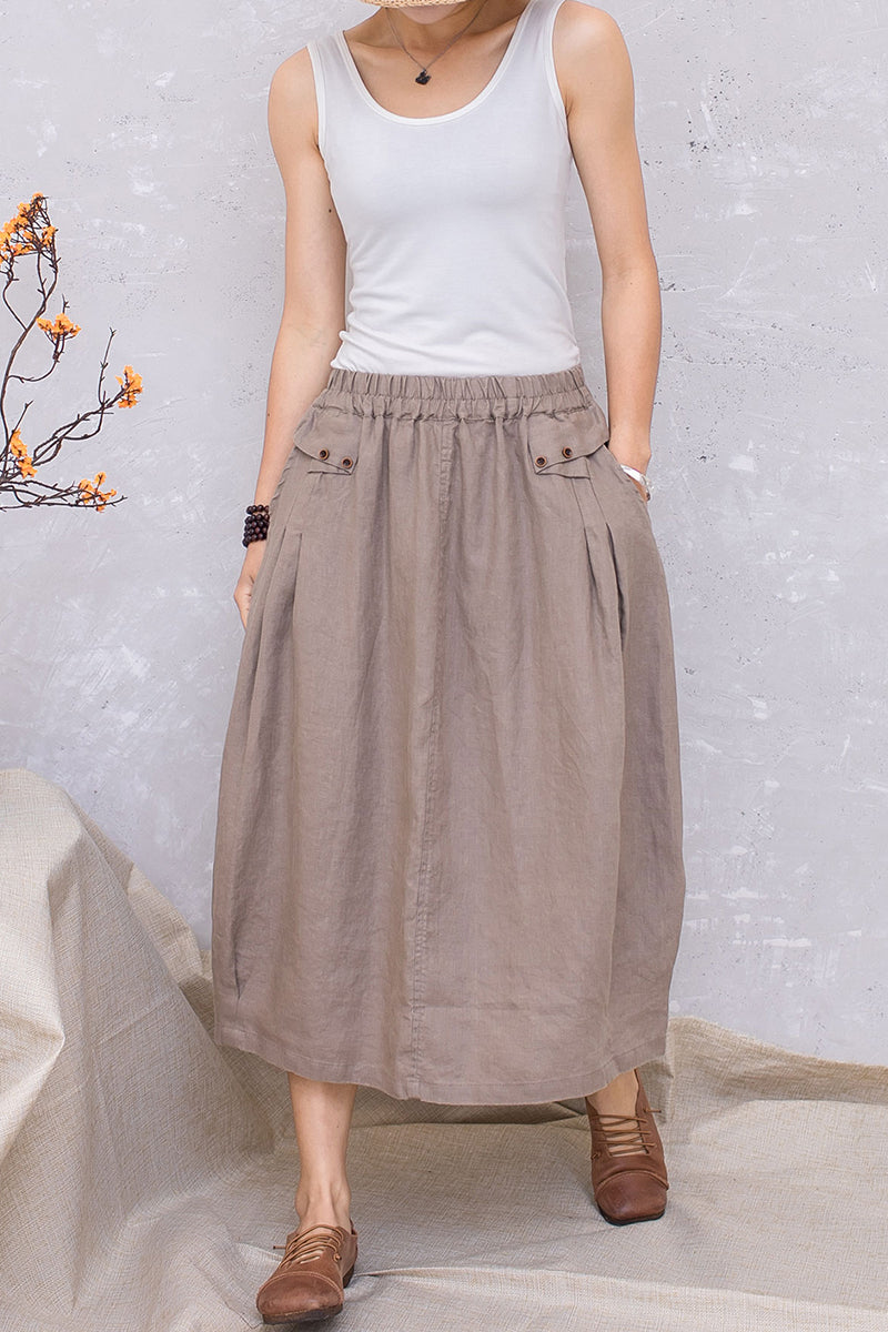 Elastic Waist Linen Midi Khaki Casual Skirt C2809#CK2201389