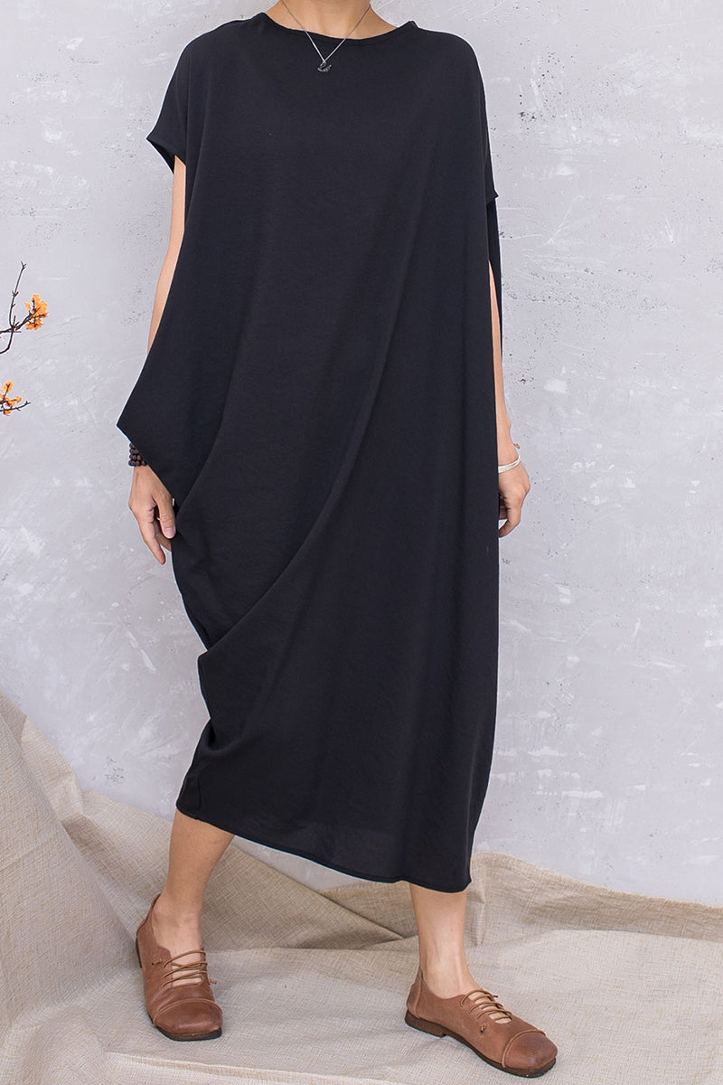 Black Linen Asymmetrical Batwing Sleeve Pullover Dress C2810 #CK2201392