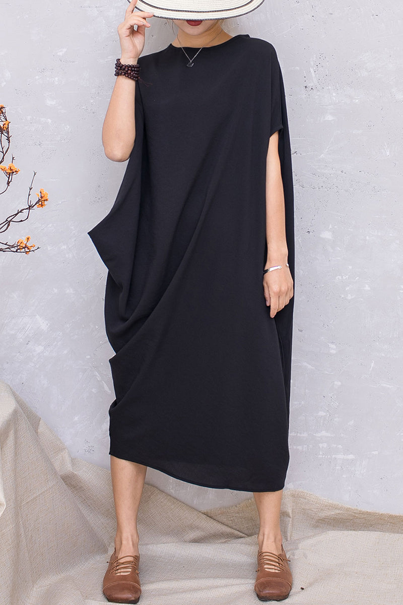 Black Linen Asymmetrical Batwing Sleeve Pullover Dress C2810 #CK2201392