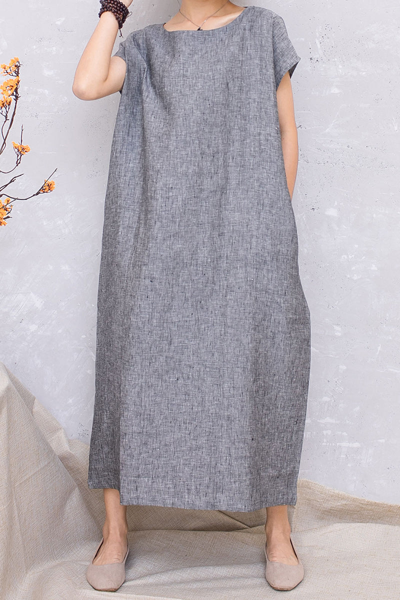 Women Grey Casual Linen Loose Long Dress C2812 #CK2201356
