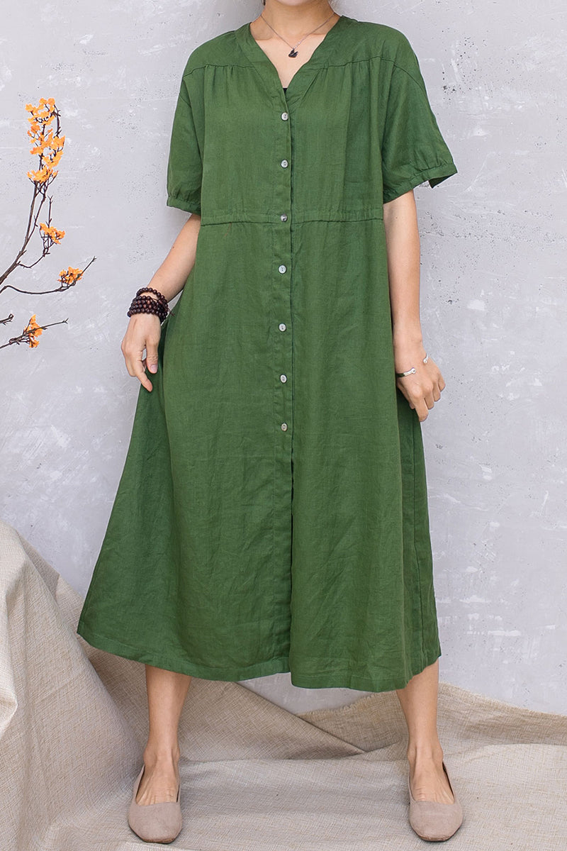 Green Linen Short Sleeve Loose Dress C2814 #CK2201413