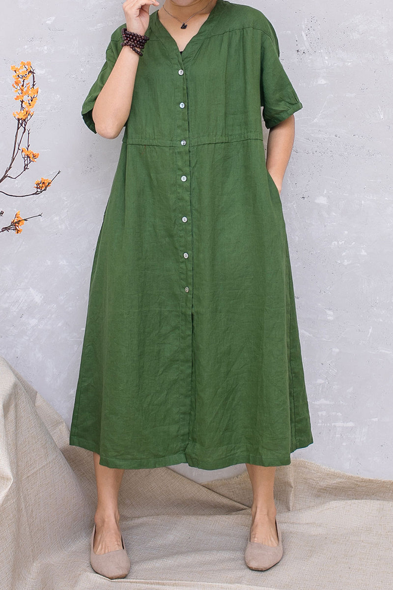 Green Linen Short Sleeve Loose Dress C2814 #CK2201413