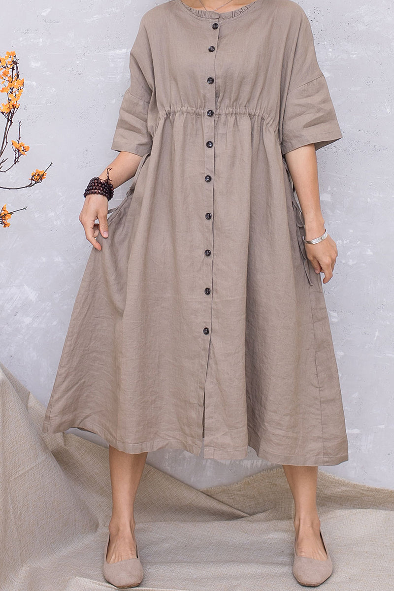 Linen Khaki Summer Casual Elastic Waist Dress C2816 #CK2201416