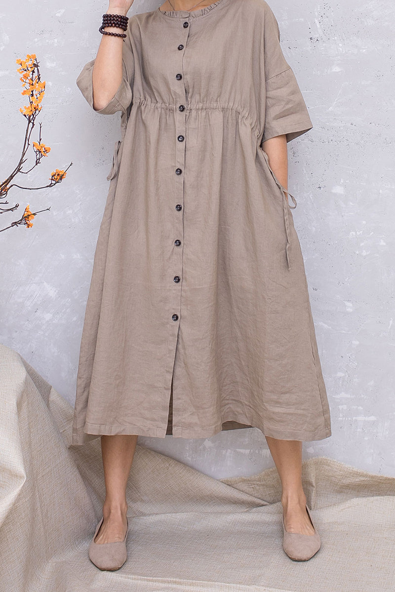 Linen Khaki Summer Casual Elastic Waist Dress C2816 #CK2201416