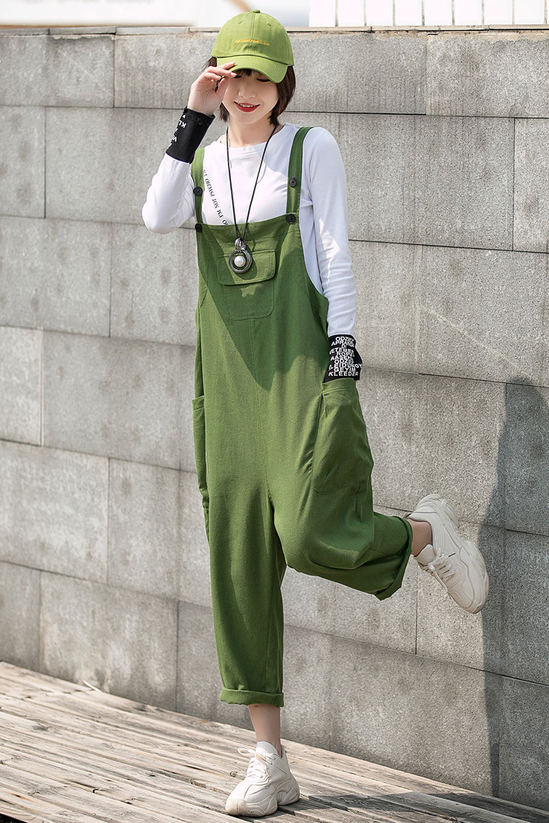 Women Green Linen Overalls C2749