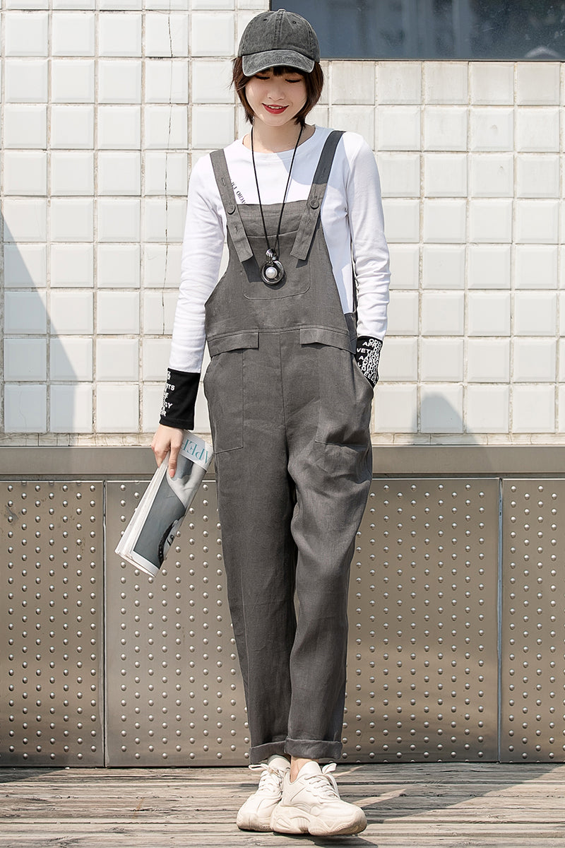 Loose Women Gray Linen Overalls C2751#CK2200727