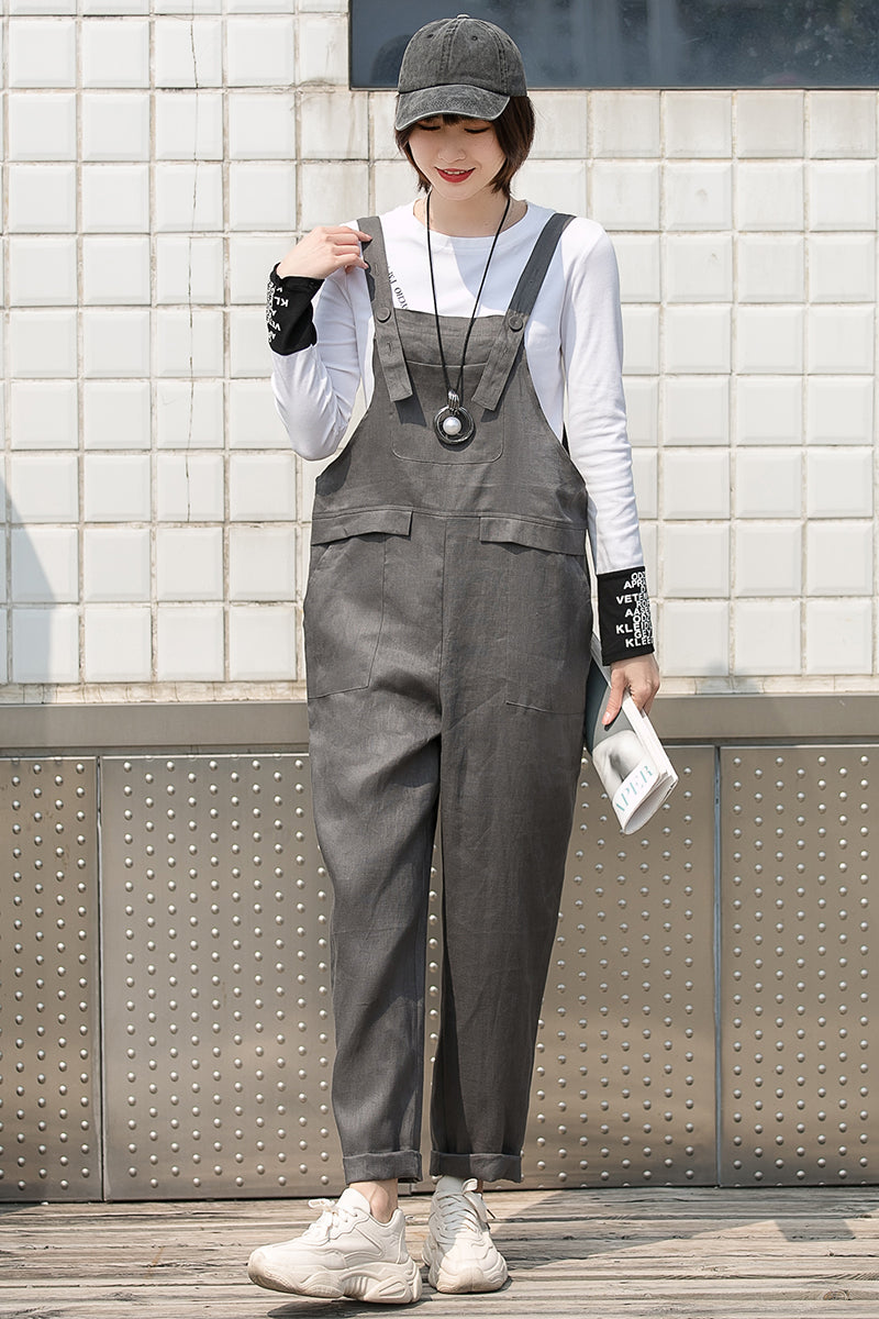 Loose Women Gray Linen Overalls C2751#CK2200727