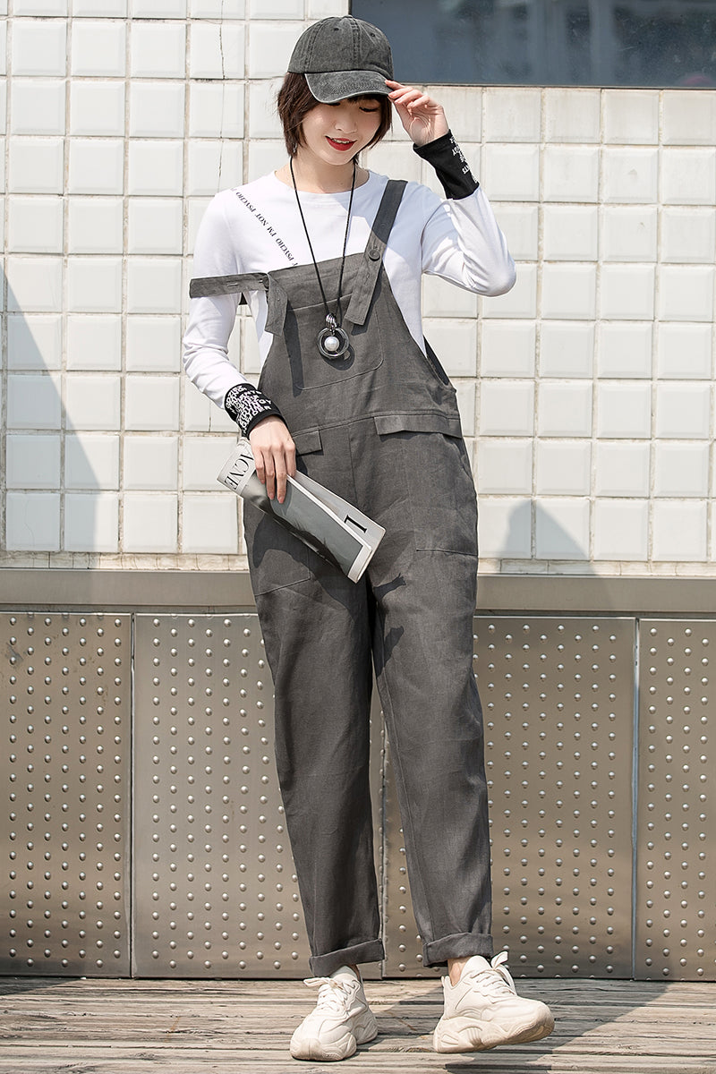 Loose Women Gray Linen Overalls C2751#CK2200727