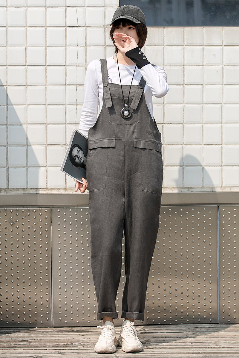 Loose Women Gray Linen Overalls C2751#CK2200727