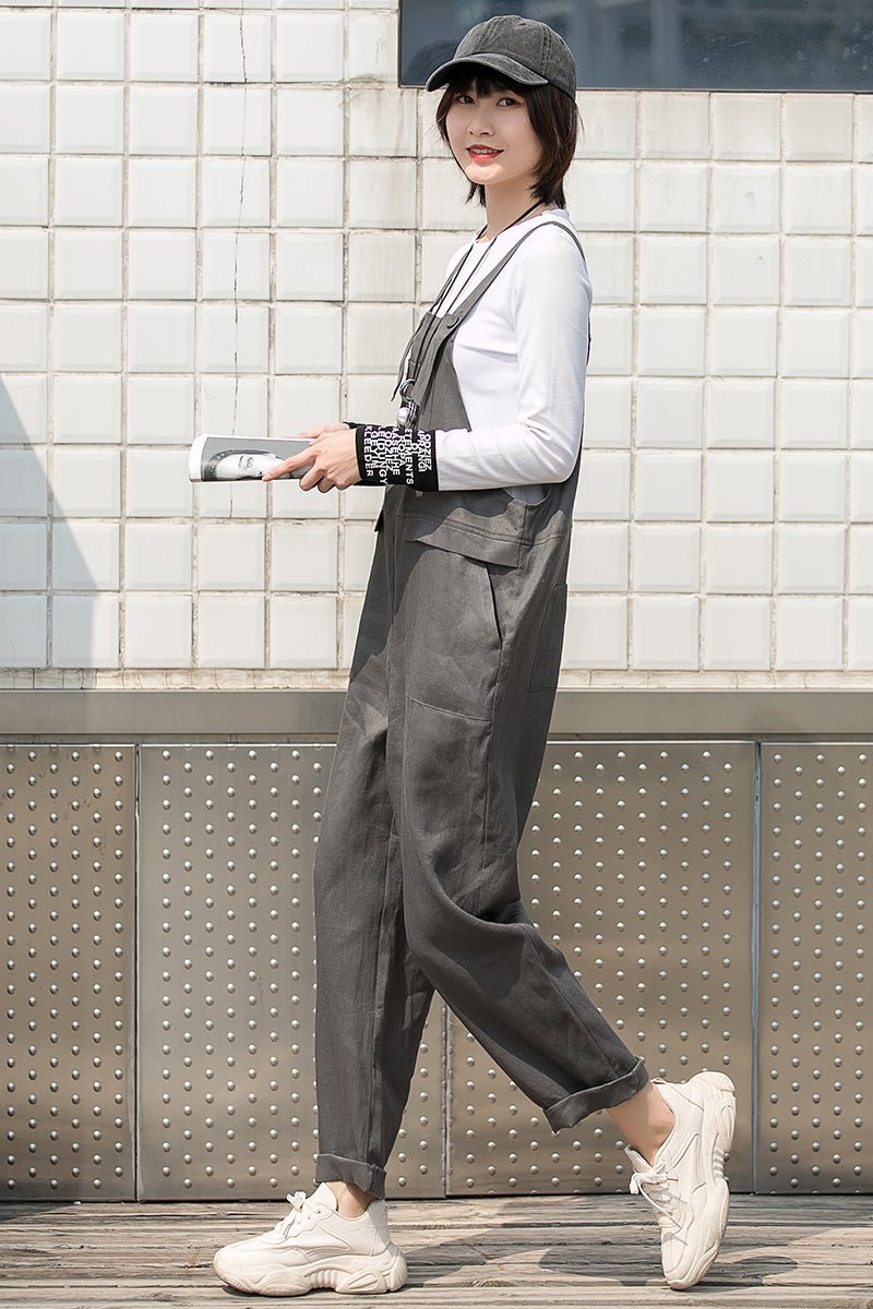 Loose Women Gray Linen Overalls C2751#CK2200727