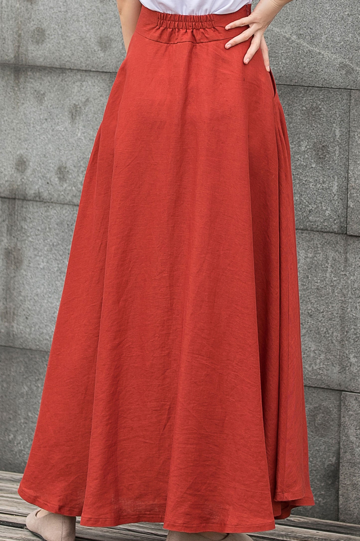 Orange Swing Long Maxi Linen Skirt C5146