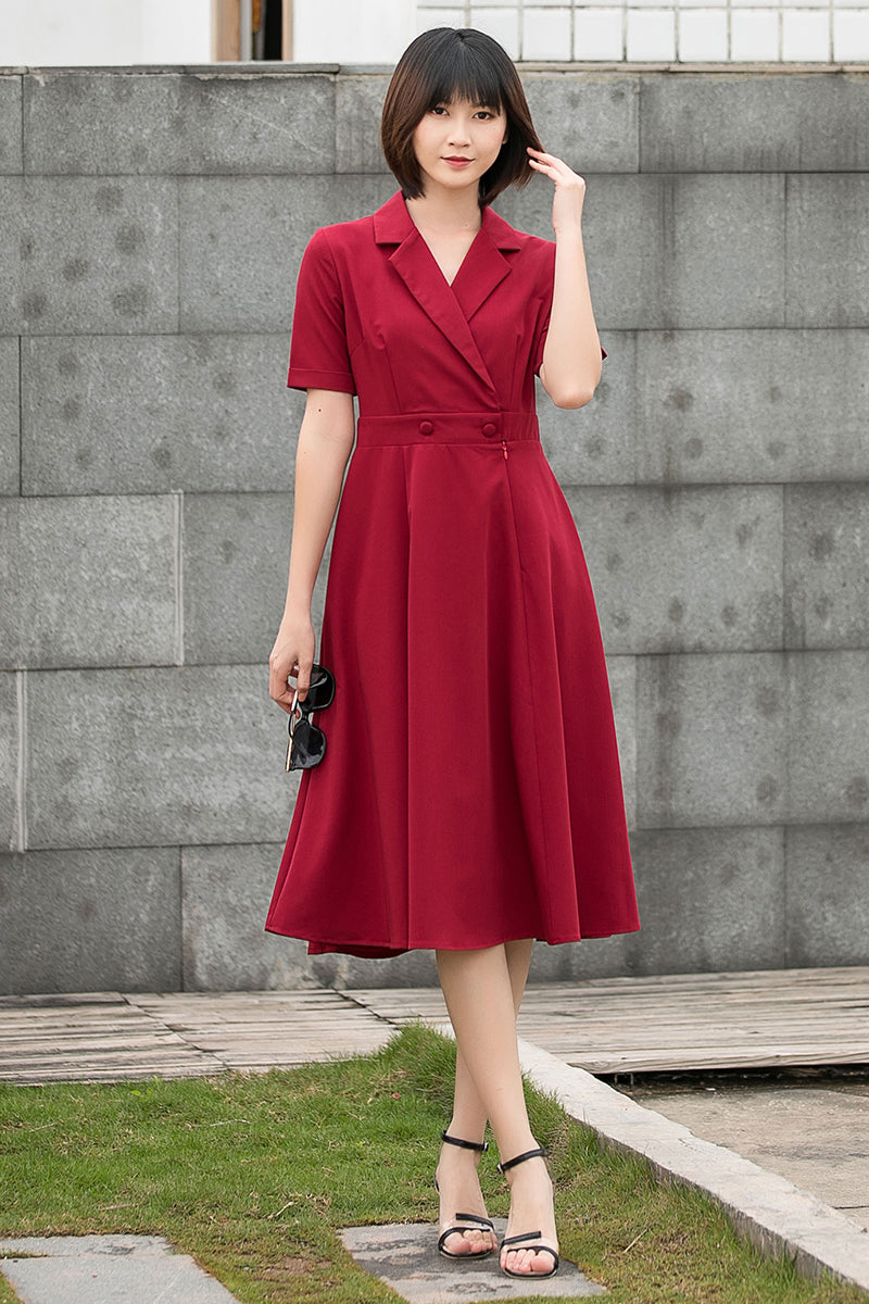 Wine Red French Retro Summer Swing Midi Dress C2795#CK2201441
