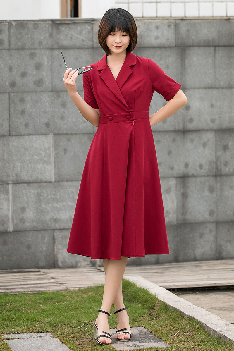 Wine Red French Retro Summer Swing Midi Dress C2795#CK2201441