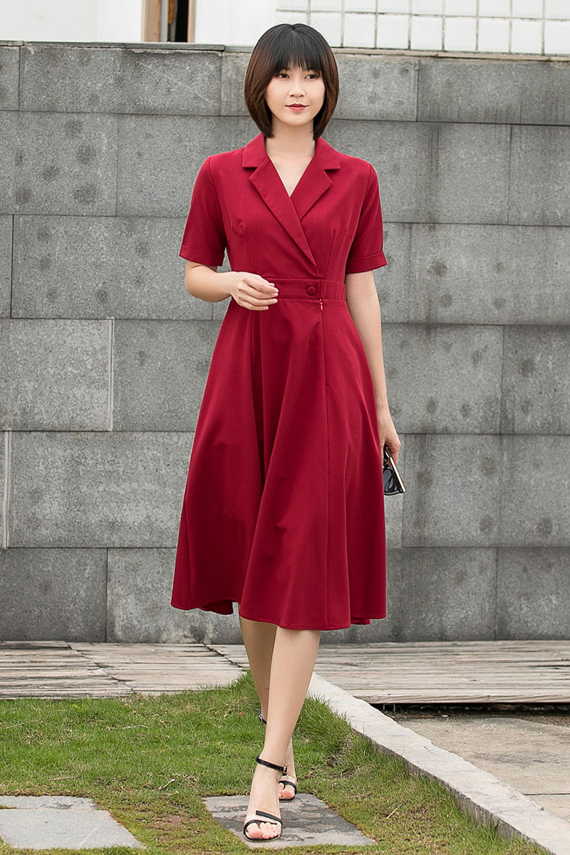 Wine Red French Retro Summer Swing Midi Dress C2795#CK2201441
