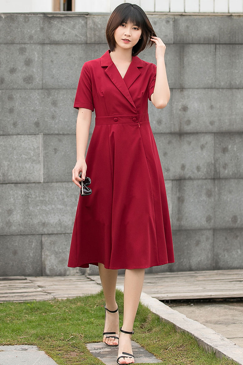 Wine Red French Retro Summer Swing Midi Dress C2795#CK2201441