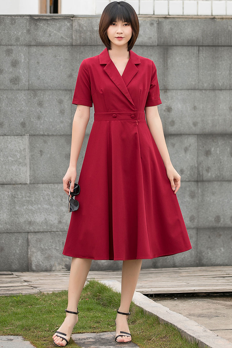 Wine Red French Retro Summer Swing Midi Dress C2795#CK2201441