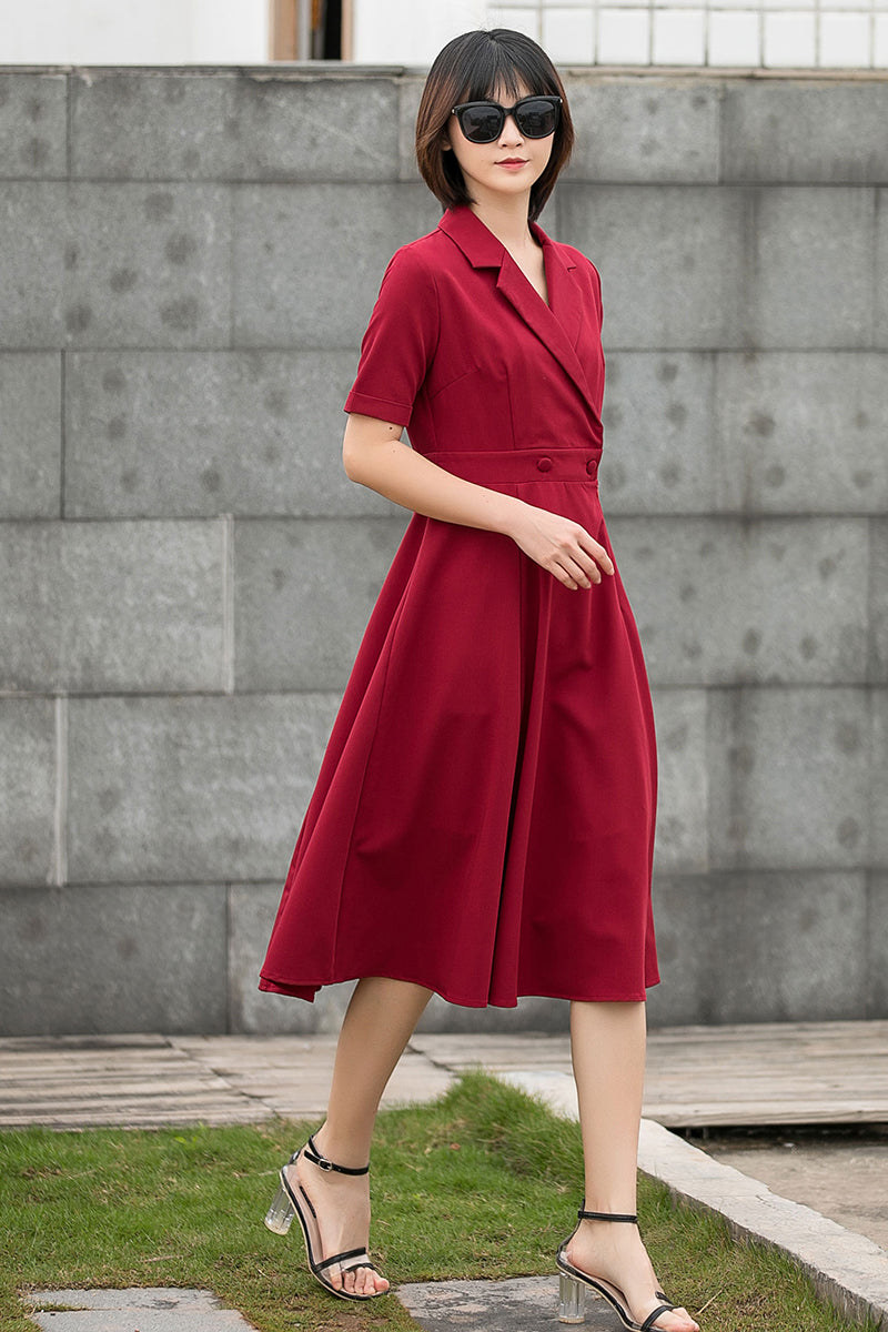 Wine Red French Retro Summer Swing Midi Dress C2795#CK2201441