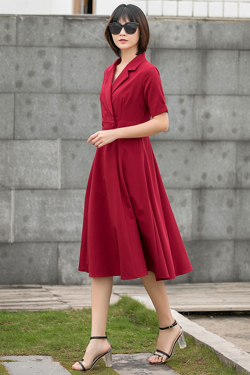 Wine Red French Retro Summer Swing Midi Dress C2795#CK2201441