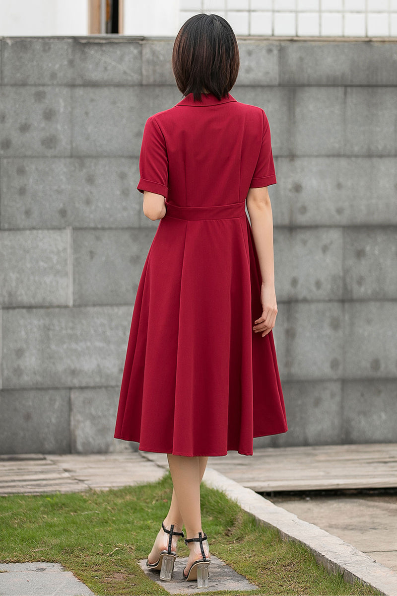 Wine Red French Retro Summer Swing Midi Dress C2795#CK2201441