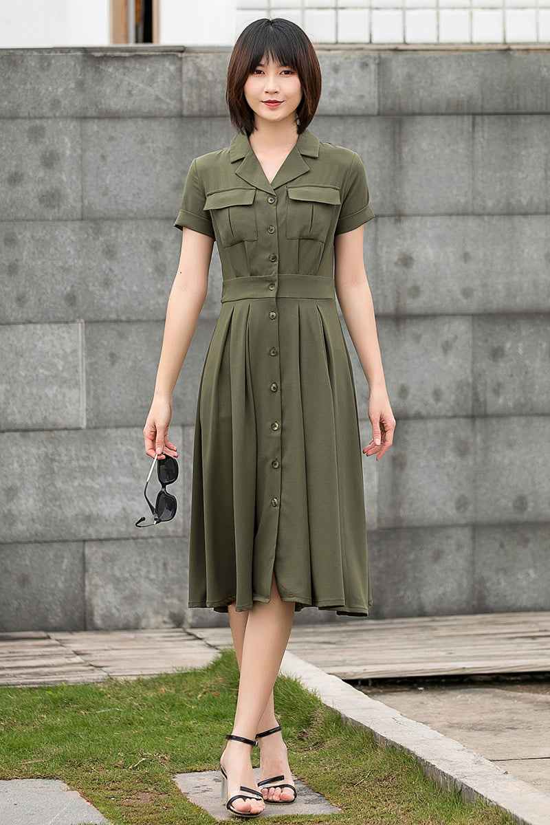 Women Army Green Short Sleeve Shirt Midi Dress C2797#CK2201453
