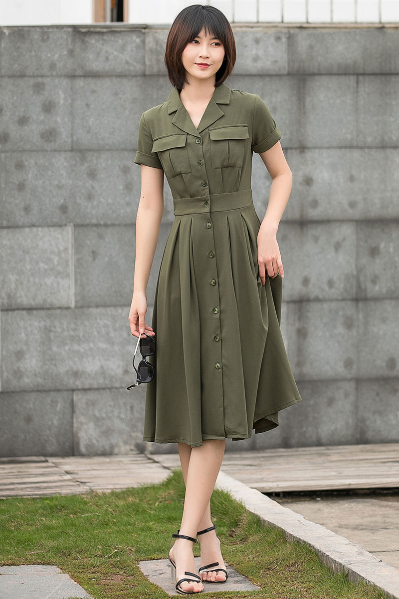 Women Army Green Short Sleeve Shirt Midi Dress C2797#CK2201453