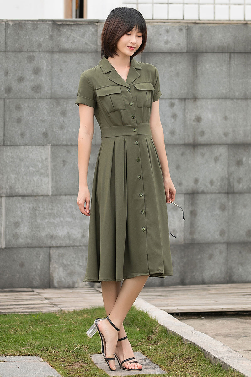 Women Army Green Short Sleeve Shirt Midi Dress C2797#CK2201453