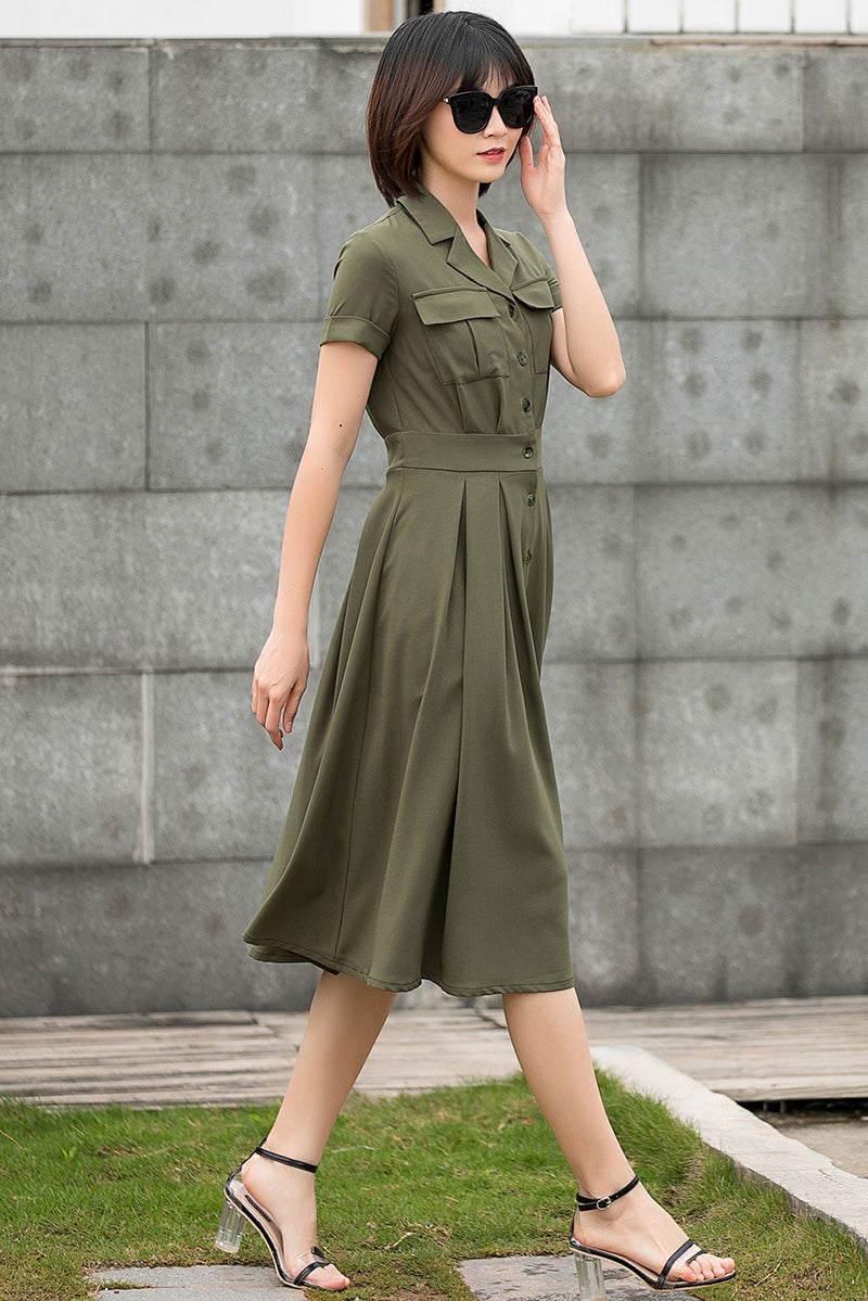 Women Army Green Short Sleeve Shirt Midi Dress C2797#CK2201453