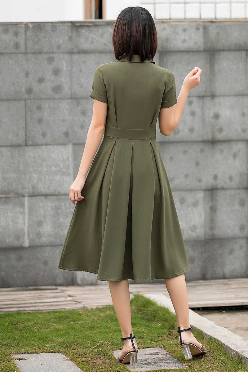 Women Army Green Short Sleeve Shirt Midi Dress C2797#CK2201453