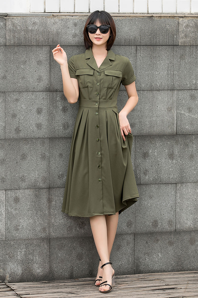 Women Army Green Short Sleeve Shirt Midi Dress C2797#CK2201453