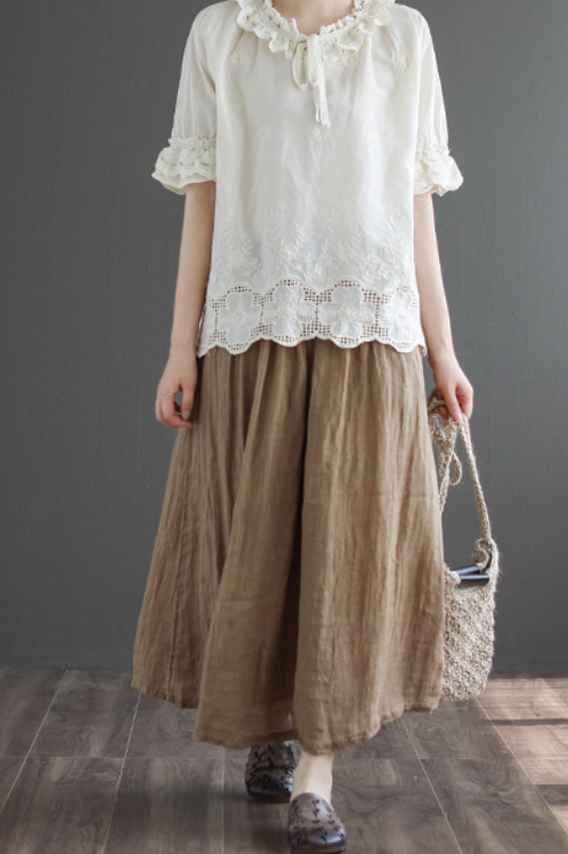 Brown Elastic Waist Linen Swing Skirt C190302