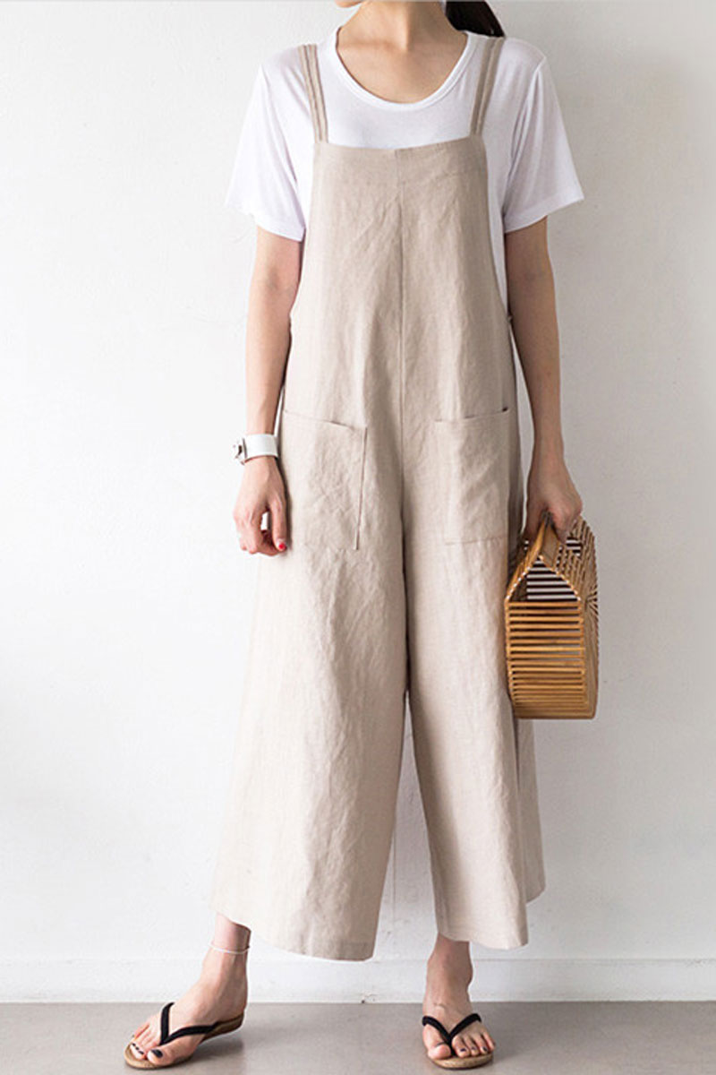 Casual Beige Linen Jumpsuits C2386