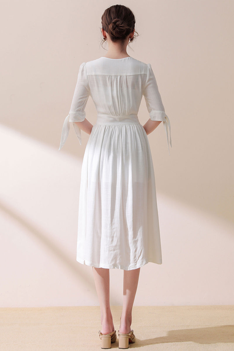 Deep V Neck White Linen Dress C3187
