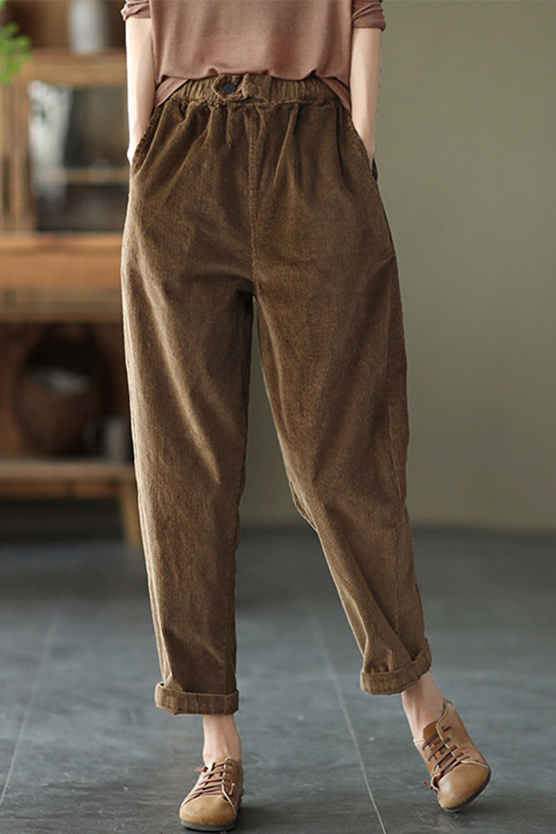 Coffee Color Elastic Waist Corduroy Pants C2440
