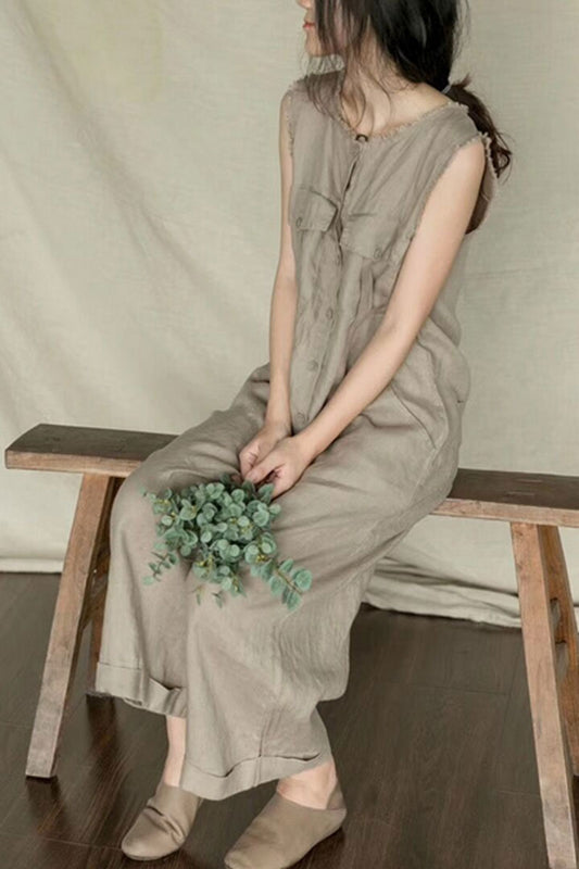 Khaki Linen Wide Leg Jumpsuit - Sleeveless Relaxed Fit C2396