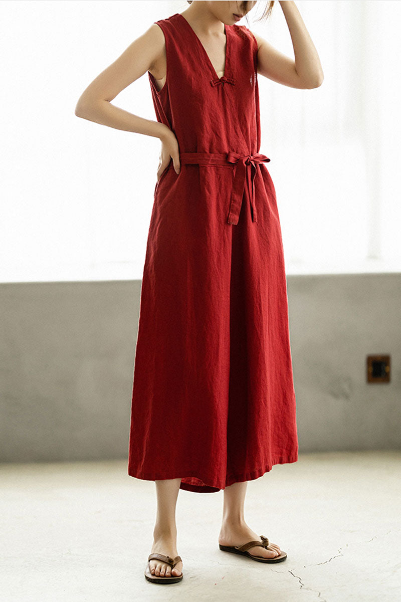 Deep V Neck Red Linen Jumpsuits C2394