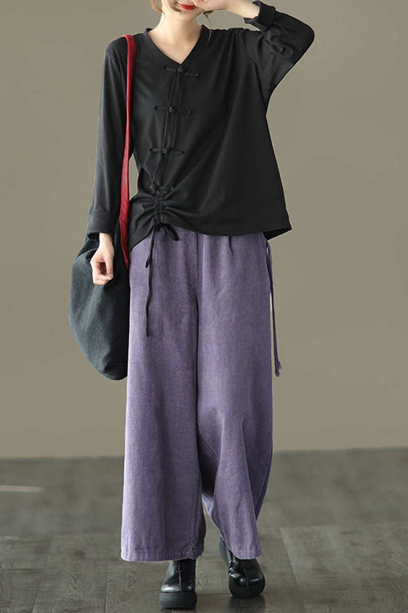 Purple Elastic Waist Wide Leg Corduroy Pants C2443