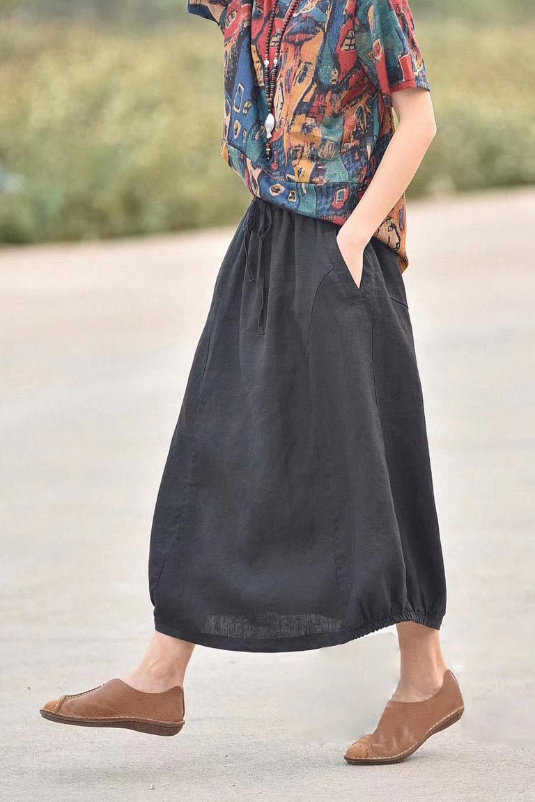 Large elastic waist pocket plain linen skirt CYM036-190068