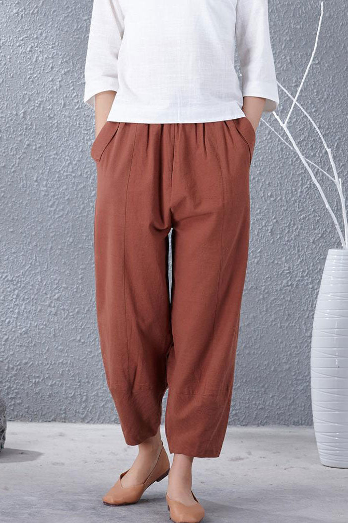 Casual wild leg linen pants with elastic waist A007