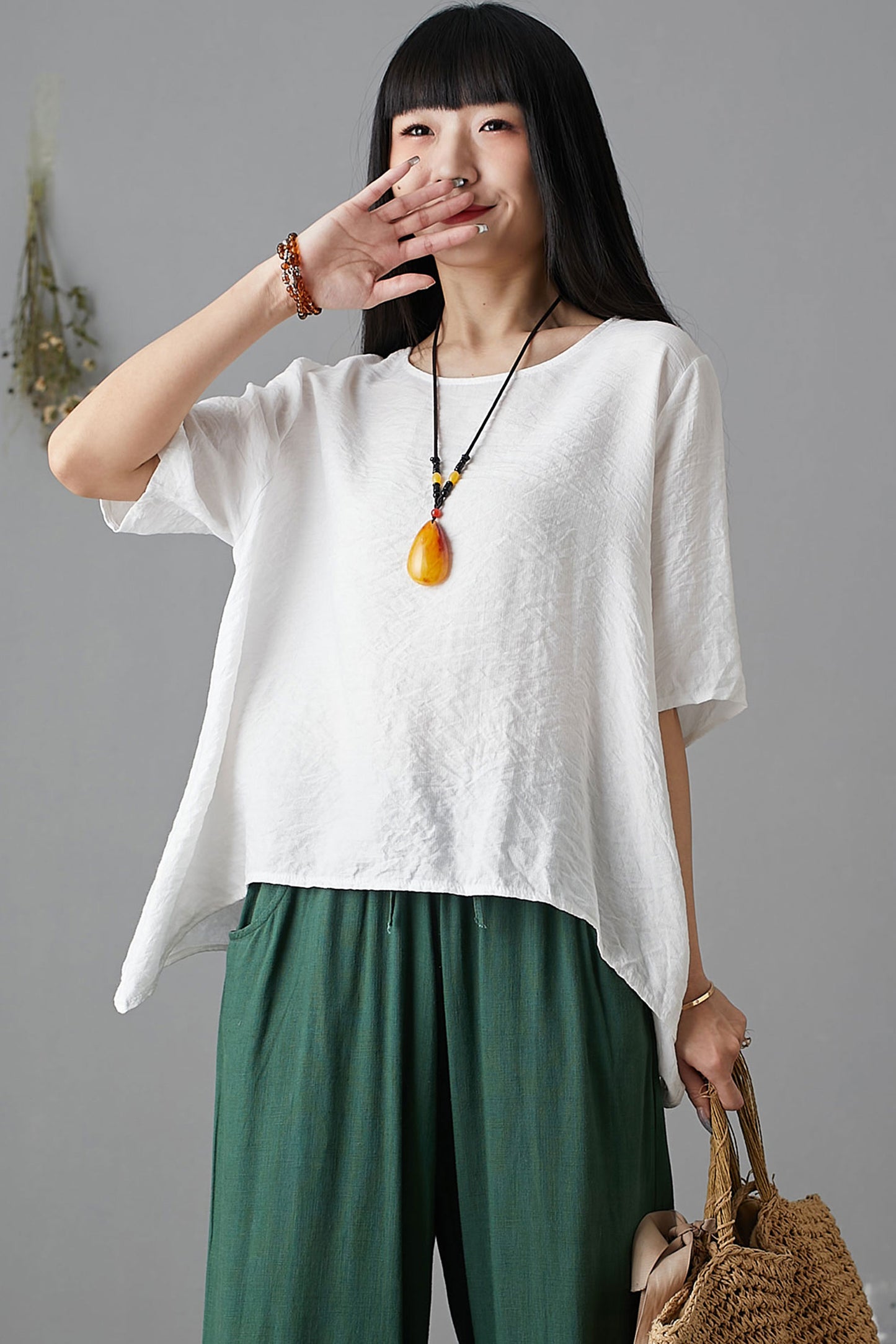Plus size linen white linen tops C2152