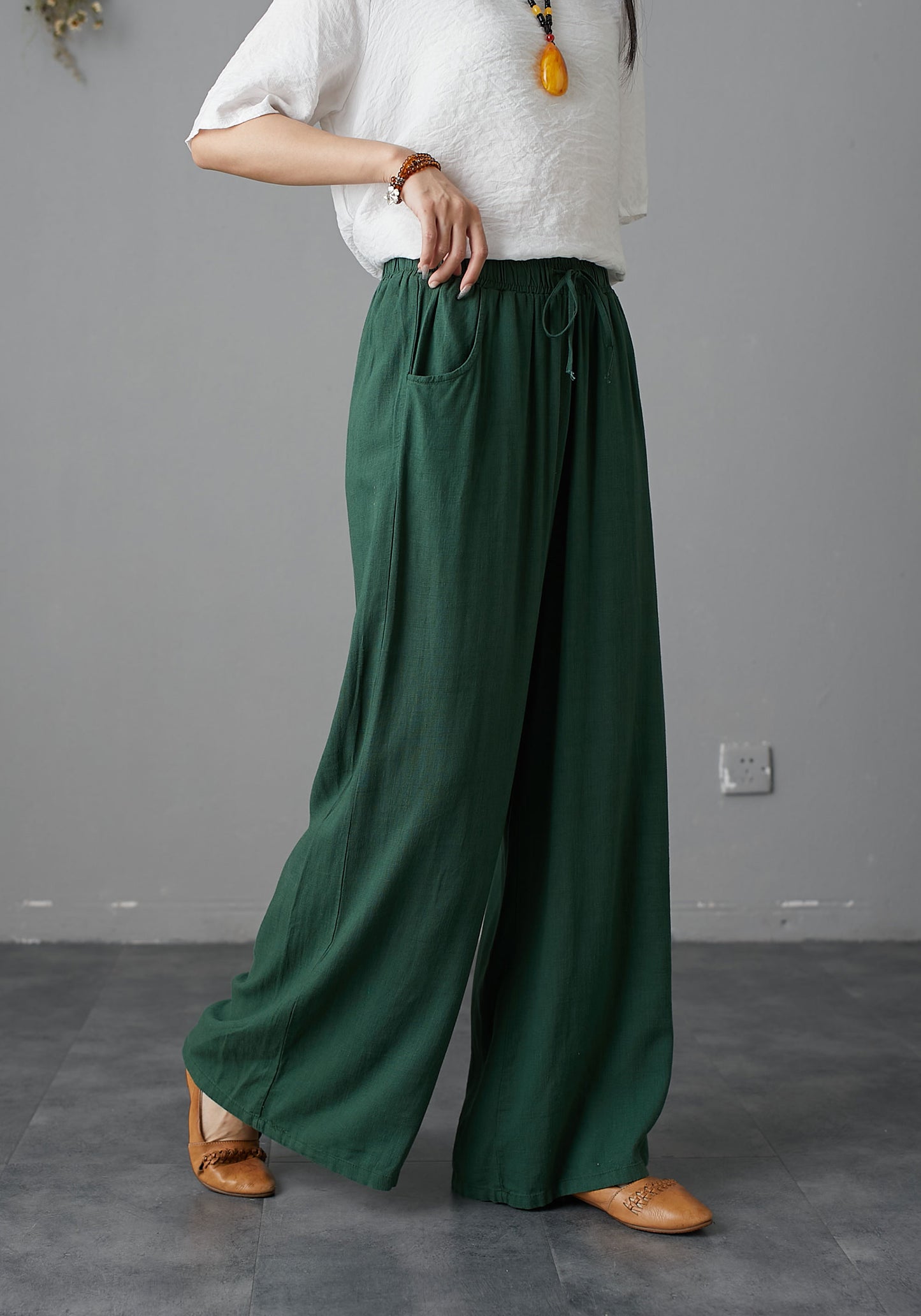 Green Elastic Waist Drawstring Wide Palazzo Linen Pants C1988