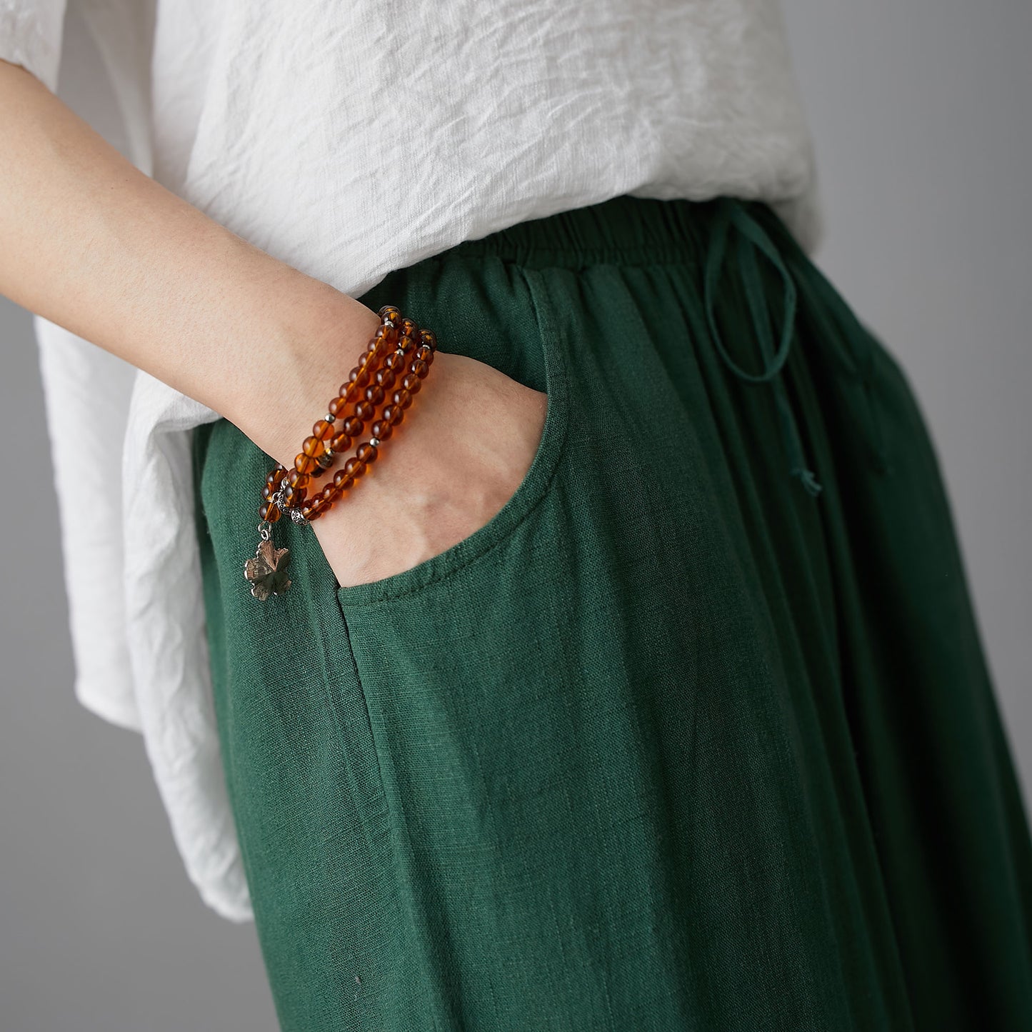 Green Elastic Waist Drawstring Wide Palazzo Linen Pants C1988